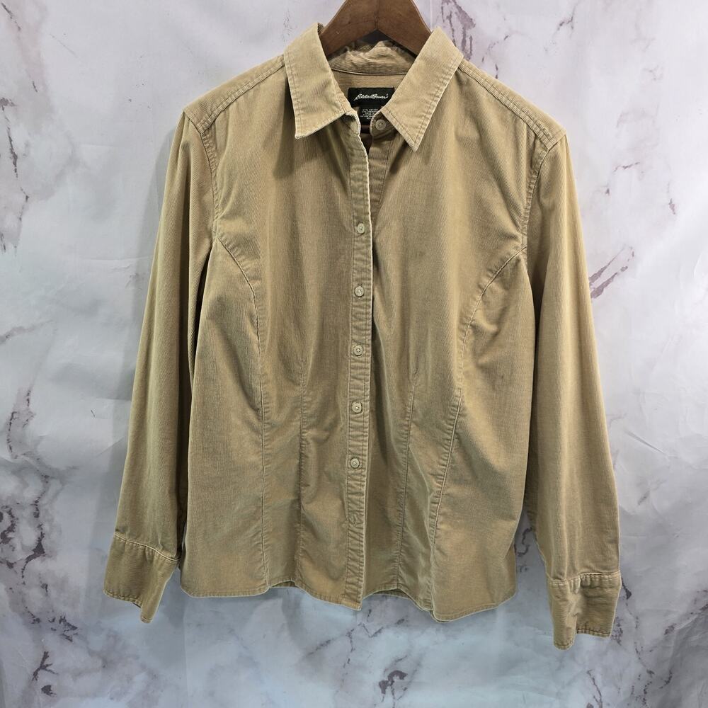 Vintage Eddie Bauer Shirt Womens XL Tan Corduroy Button Up Long Sleeve Beige